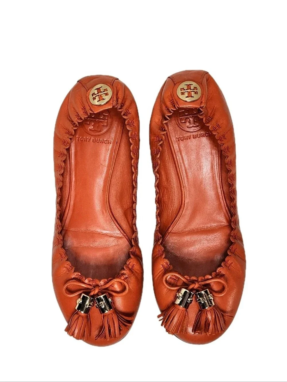 TORY BURCH Reese Mestico Tassel Flats Sz 8 Orange Leather Scalloped Stretch